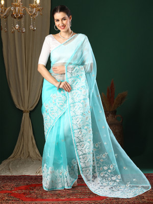 Divastri Embroidered Bollywood Organza Saree(Light Blue)