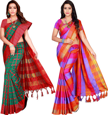 Shaibo saree Checkered Bollywood Cotton Silk Saree(Pack of 2, Multicolor)