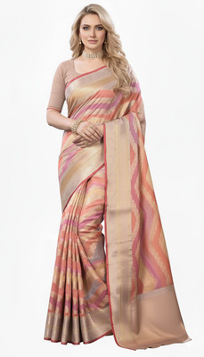 Kalindri Woven, Striped, Self Design Banarasi Cotton Silk Saree(Pink, Gold)