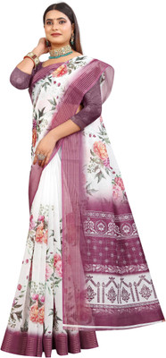 PRTRENDZ Printed Kanjivaram Pure Cotton, Chanderi Saree(White, Magenta)