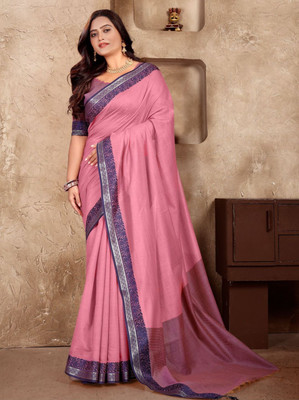 M.S.RETAIL Solid/Plain, Woven Handloom Cotton Linen Saree(Pink)