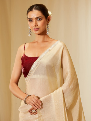 KASEE Solid/Plain Bollywood Silk Blend Saree(Beige)