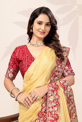 AVIRAT DESIGNER STUDIO Printed Kanjivaram Georgette Saree(Red, Yellow)