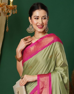 SIRIL Woven, Embellished, Self Design Banarasi Silk Blend Saree(Light Green, Pink)