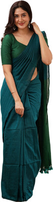 VERVE Solid/Plain Handloom Cotton Blend Saree(Green)