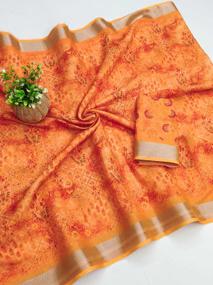 AARADHYA Printed Bollywood Cotton Linen Saree(Orange)