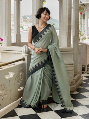 Amita Collections Woven Handloom Cotton Blend Saree(Light Green)