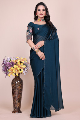 Zenophily Solid/Plain Maheshwari Chiffon Saree(Blue)