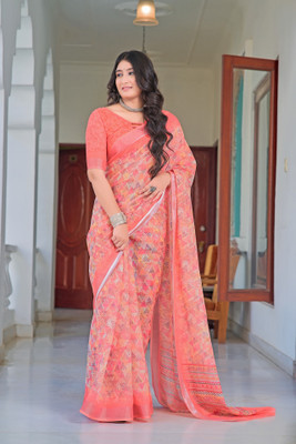 Vinayak Textile Printed Bollywood Linen Saree(Orange)