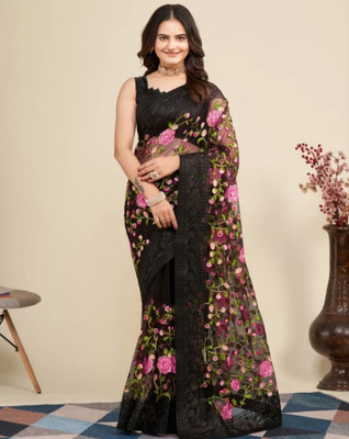 NIYANTAKSH Embroidered Bollywood Net Saree(Black)