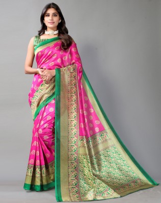 SIRIL Floral Print, Geometric Print, Printed Banarasi Cotton Silk, Silk Blend Saree(Green, Pink)