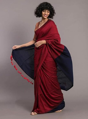 STRADHA Solid/Plain Daily Wear Cotton Blend Saree(Red, Blue)