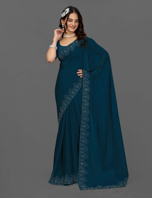 Harbhole Lace Border Solid/Plain Bollywood Georgette Saree(Blue)