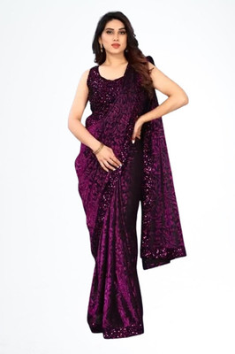 Vragi Floral Print Bollywood Lycra Blend Saree(Purple)