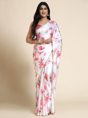 AVANSHEE Floral Print, Digital Print Bollywood Satin Saree(Pink, White)