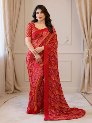 SmittenSmit Printed Bollywood Georgette Saree(Red)