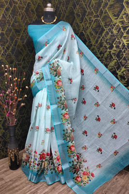 KHANUDI Digital Print Kanjivaram Cotton Linen Saree(Multicolor)