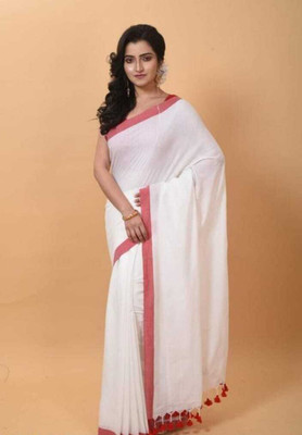 RMSCOLLECTION Self Design, Solid/Plain Handloom Pure Cotton Saree(White)