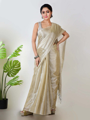 AWRIYA Solid/Plain Bollywood Cotton Blend Saree(Cream)