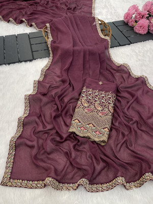 K 5 FASHION Embroidered, Solid/Plain Bollywood Chiffon Saree(Maroon)