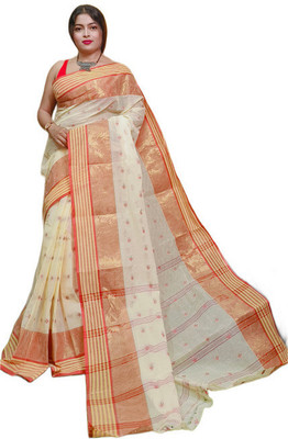 HouseOfCommon Self Design Daily Wear Pure Cotton Saree(White)
