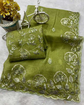 Grinovi Embroidered Bollywood Silk Blend Saree(Light Green)