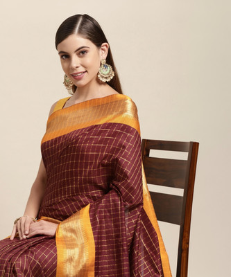 GLOWMOROUS Checkered Chettinadu Cotton Silk Saree(Brown)