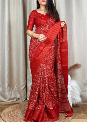 VKARAN Woven, Floral Print, Geometric Print, Temple Border Bollywood Art Silk Saree(Red)