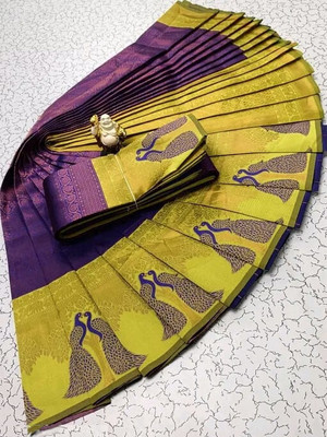 KanjiQueen Woven Kanjivaram Silk Blend, Pure Silk Saree(Purple, Light Green)