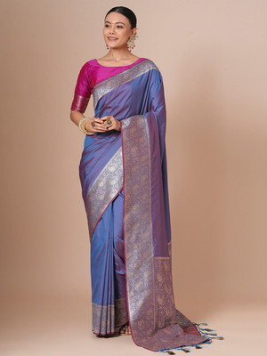 House of Pataudi Woven Banarasi Silk Blend Saree(Purple)