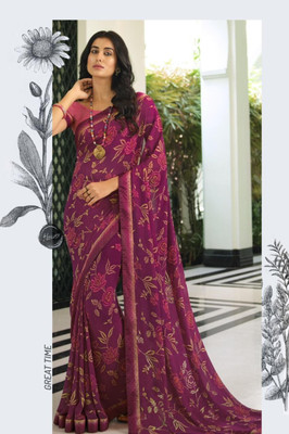 MEETVIN COUTURE Printed, Self Design, Geometric Print, Graphic Print, Floral Print, Checkered Bollywood Georgette, Chiffon Saree(Purple)