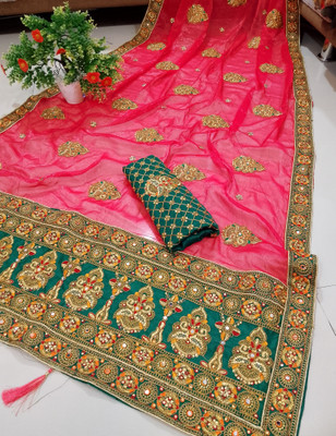 balaji textiles Embroidered, Embellished Bollywood Silk Blend Saree(Pink)