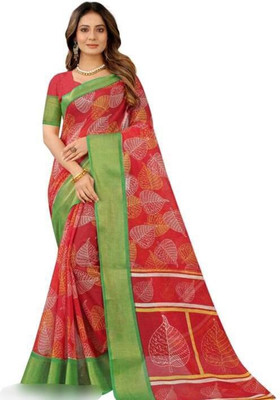 KANDORA Printed Chanderi Cotton Linen Saree(Red)