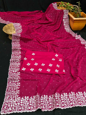 STITCH N SOLUS Embroidered Daily Wear Georgette, Chiffon Saree(Pink)