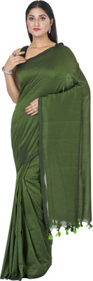 SAYAN CREATION Solid/Plain Handloom Pure Cotton Saree(Dark Green)