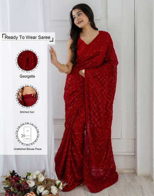 Samah Embellished, Self Design Bollywood Georgette Saree(Red)