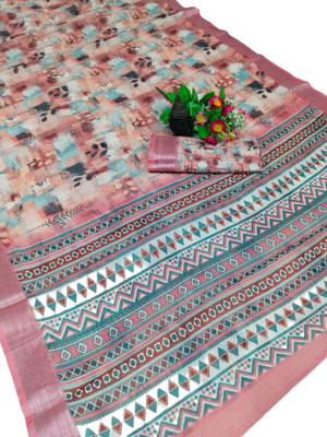 HouseOfCommon Floral Print Kanjivaram Pure Cotton, Cotton Linen Saree(Pink)