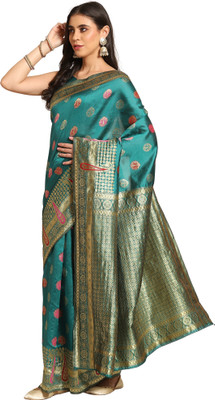 Akhilam Embroidered Banarasi Silk Blend Saree(Dark Green)