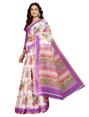 MAANVIT Floral Print Kanjivaram Pure Cotton, Cotton Linen Saree(White, Purple)