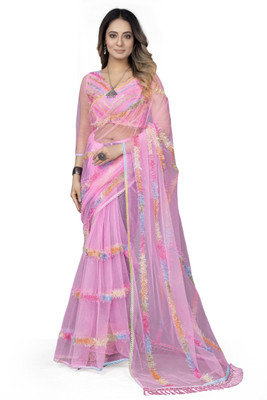 Apnisha Embroidered Bollywood Net Saree(Pink)