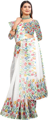 HangerStories Floral Print Kanjivaram Pure Cotton, Cotton Linen Saree(White)