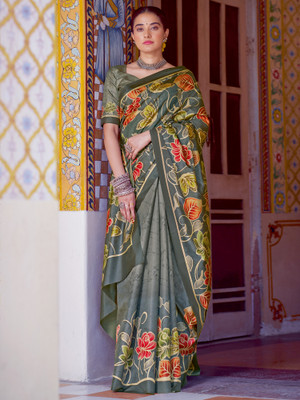 Anouk Rustic Printed Banarasi Silk Blend Saree(Light Green)