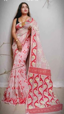 OWALID Self Design Jamdani Cotton Silk Saree(Red)