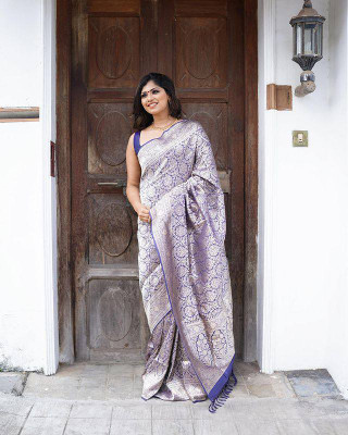 PK SAREES Woven Banarasi Jacquard Saree(Silver)