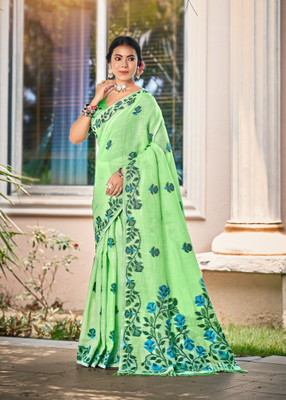 LeeliPeeri Designer Printed Handloom Linen Saree(Green)