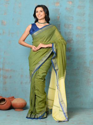 Very Much Indian Solid/Plain Handloom Pure Cotton Saree(Green)