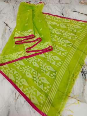 sahatextiledam Woven Jamdani Muslin Saree(Light Green)