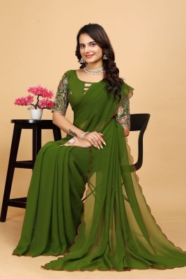 Infyshopy Fashions Embroidered, Dyed, Solid/Plain, Self Design Bollywood Georgette Saree(Light Green)