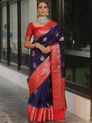 kanchivastra Woven Banarasi Pure Silk Saree(Purple, Red)