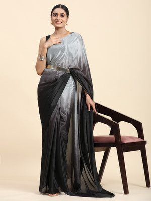 Rachna Solid/Plain Pre Draped Saree Satin Saree(Black, Grey)